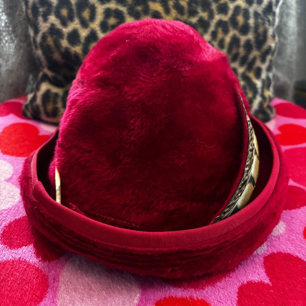 Vintage Red Gwenn Pennington Derby Hat with Feather 22"
